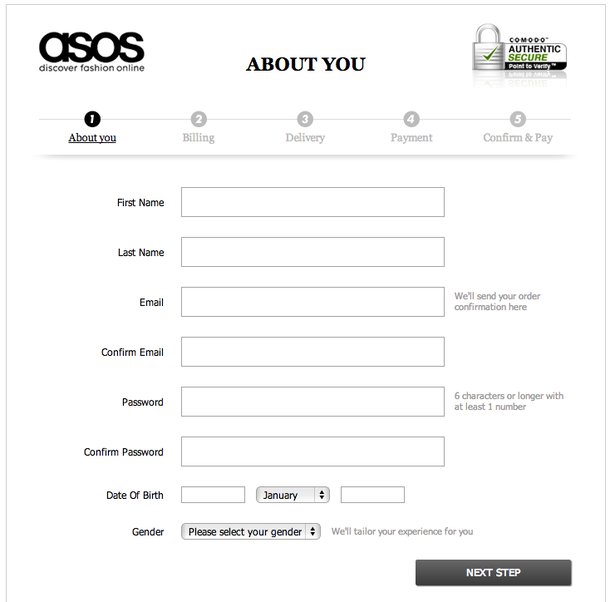 account creation process on asos fashion ecommerce store
