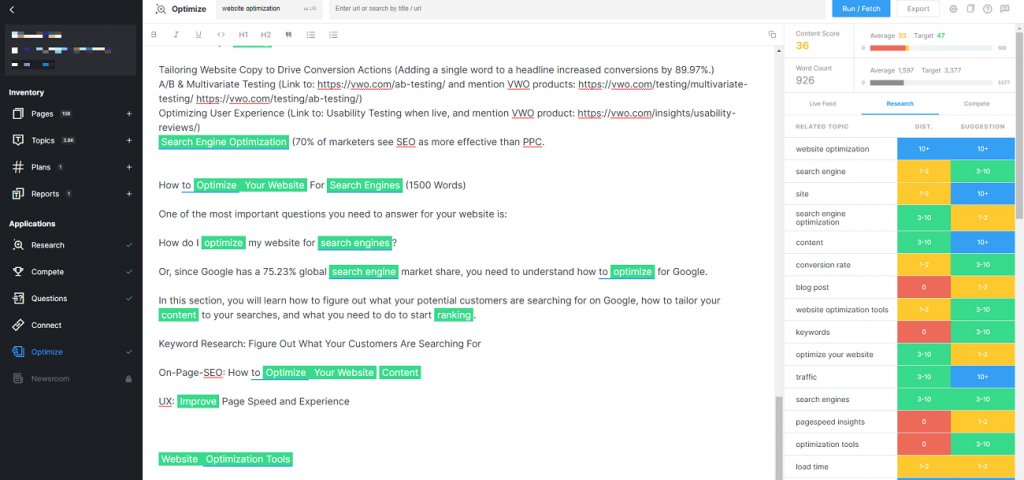 screenshot from the dashboard of MarketMuse analyzing a piece of content