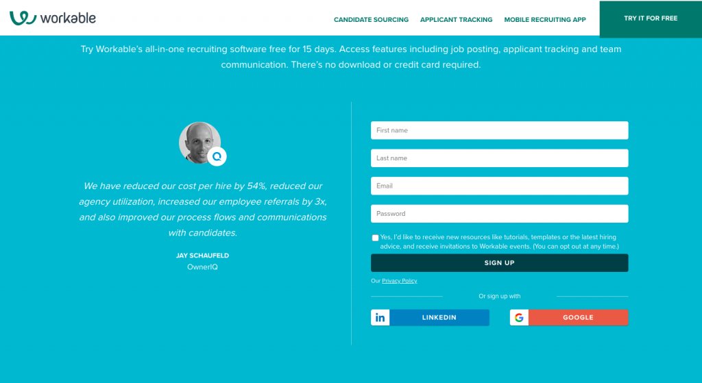 screenshot of Workable's new user sign up landing page