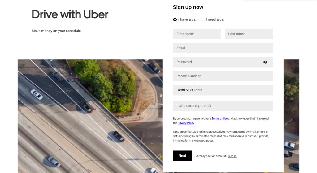 Uber uses multi-step form to ensure smooth form filling process