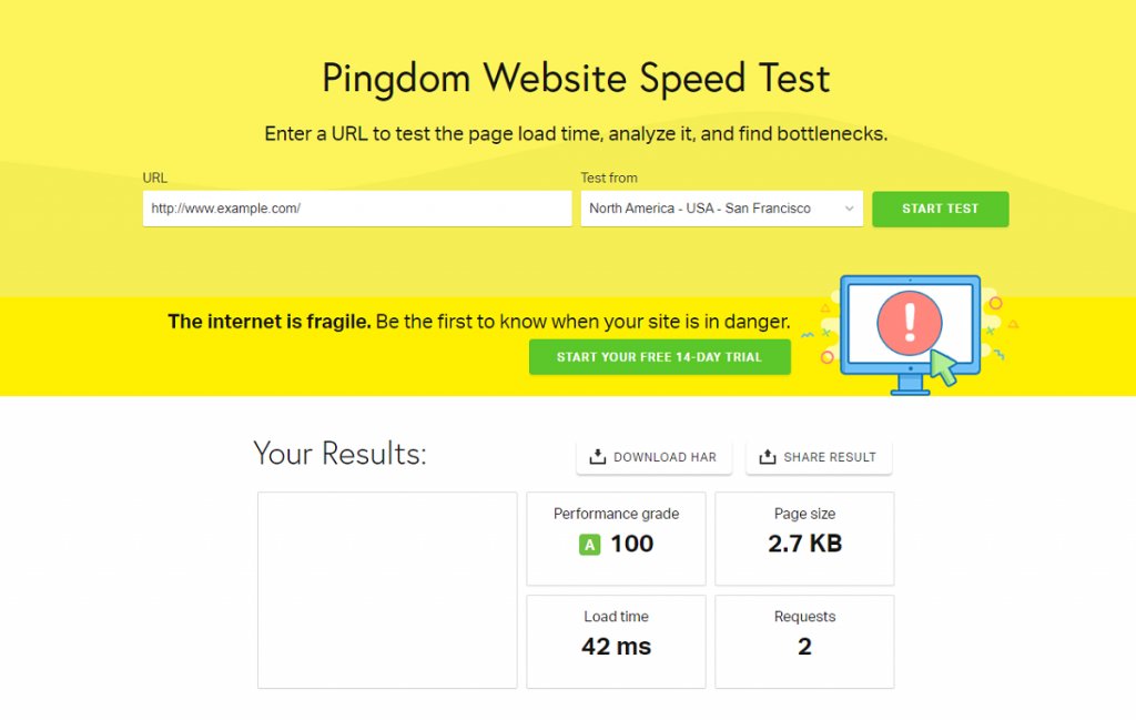 screenshot of the Pingdom Website Speed Test