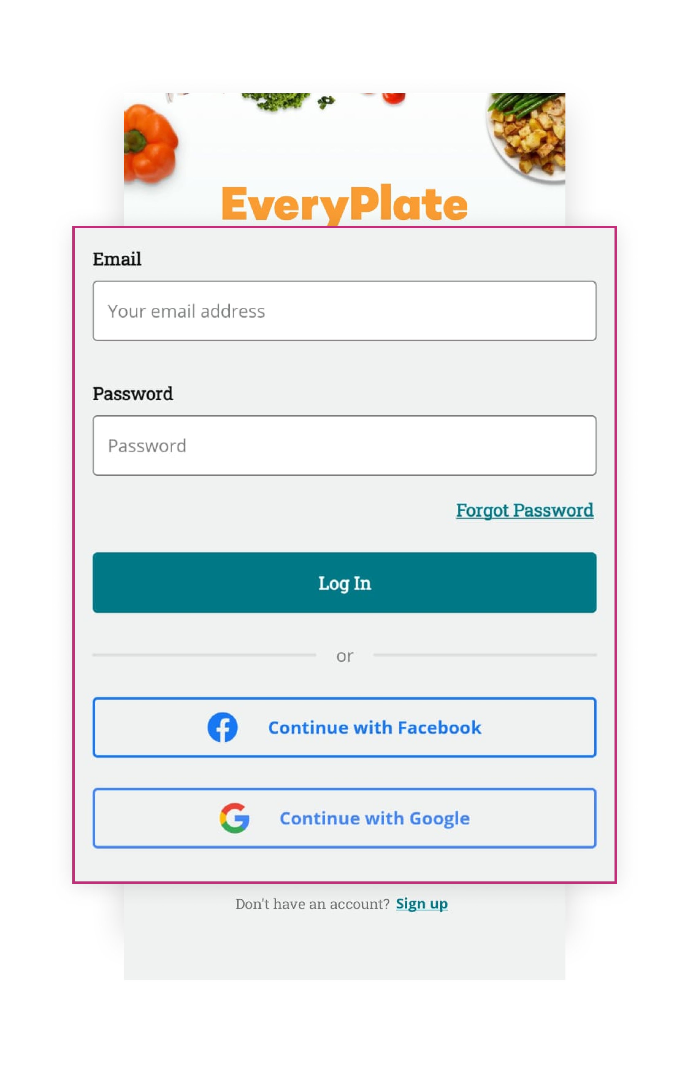 Onboarding Test Example with social login. Source - EveryPlate