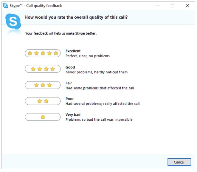 snapshot of the customer survey feedback from Skype, asking for the quality of the call