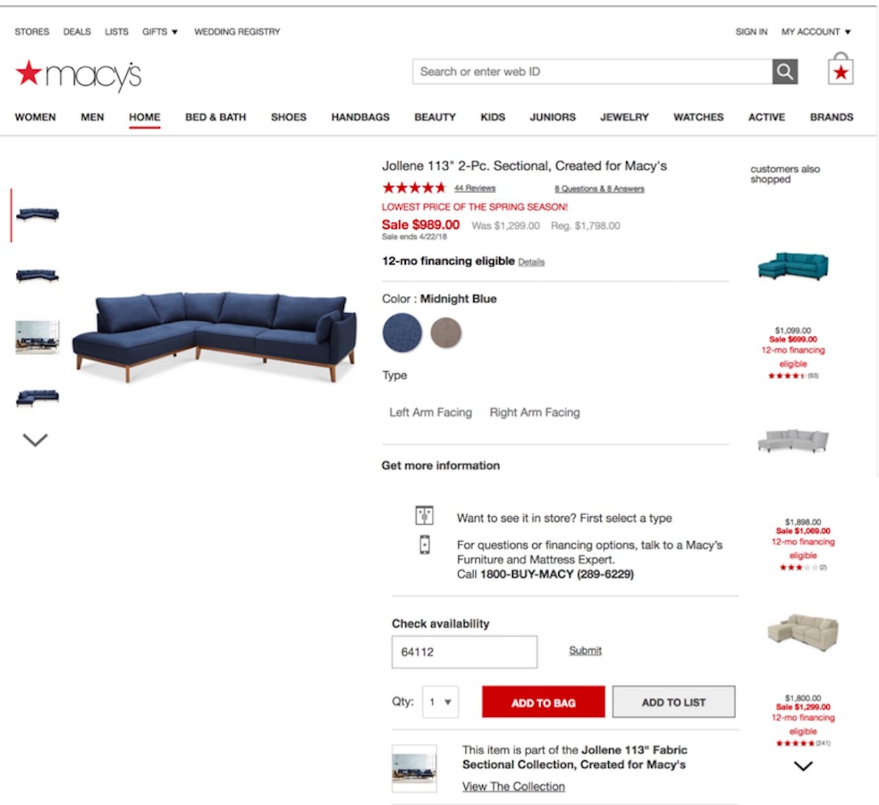 the product detail page on macys ecommerce store
