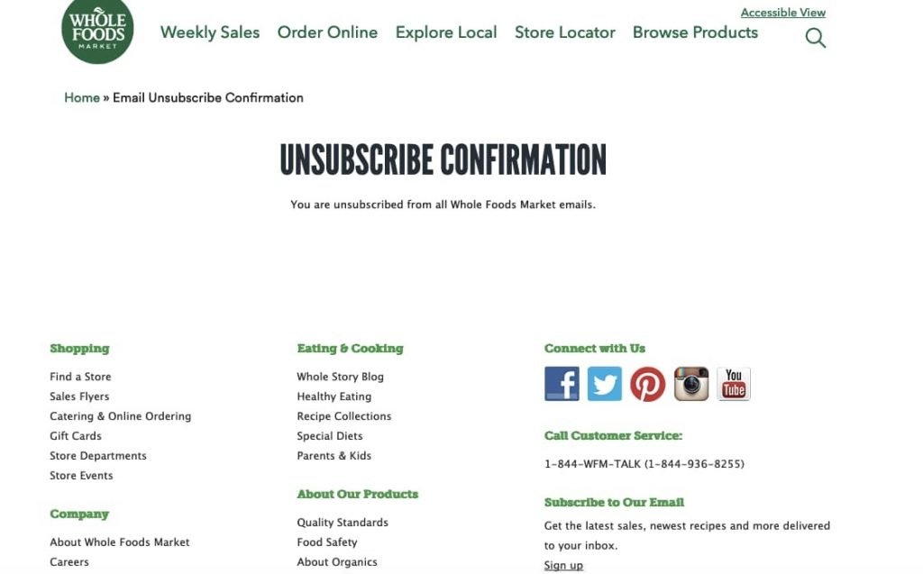 Whole Foods Unsubscription Page
