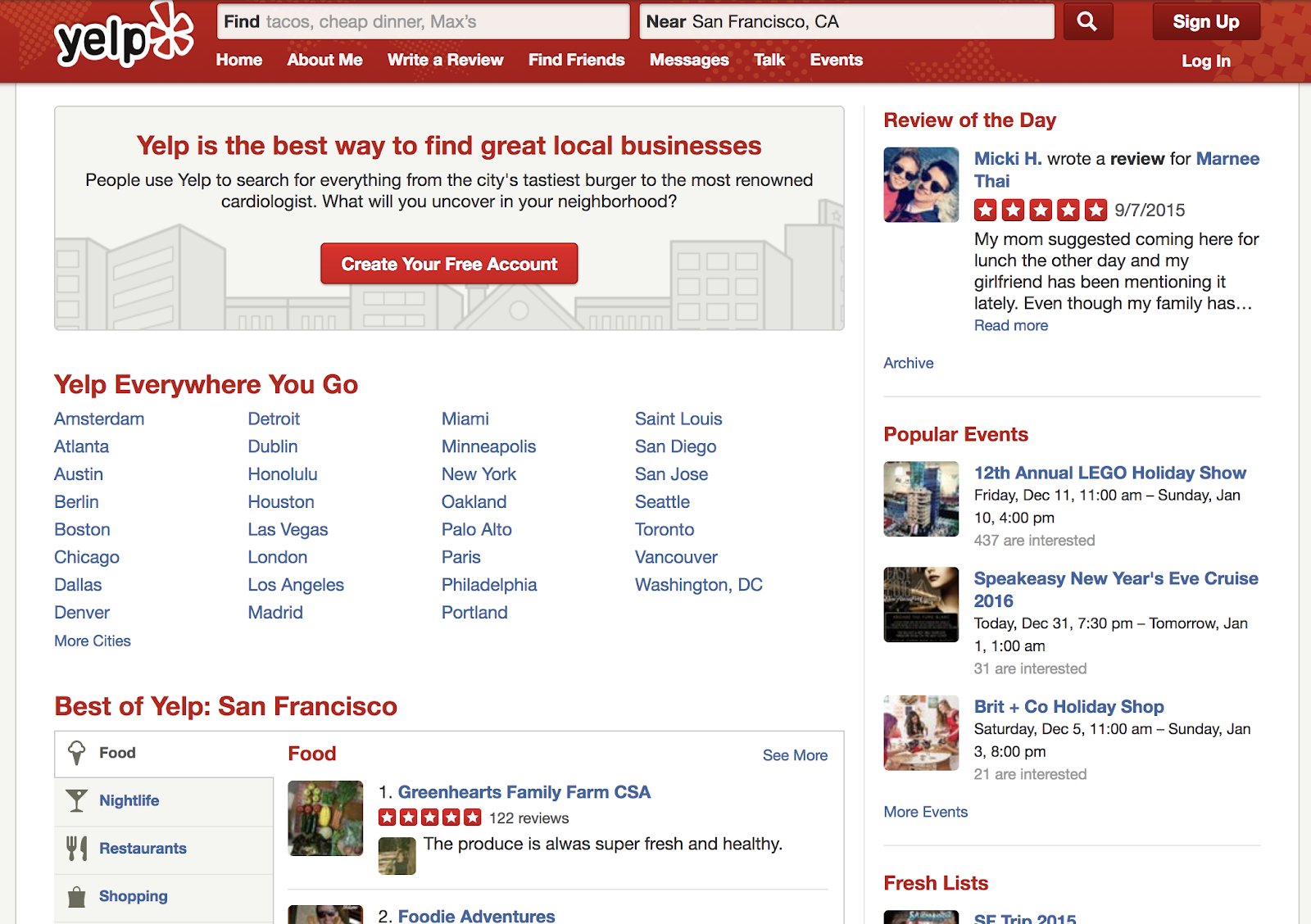 screenshot of experience-based information on yelp.com