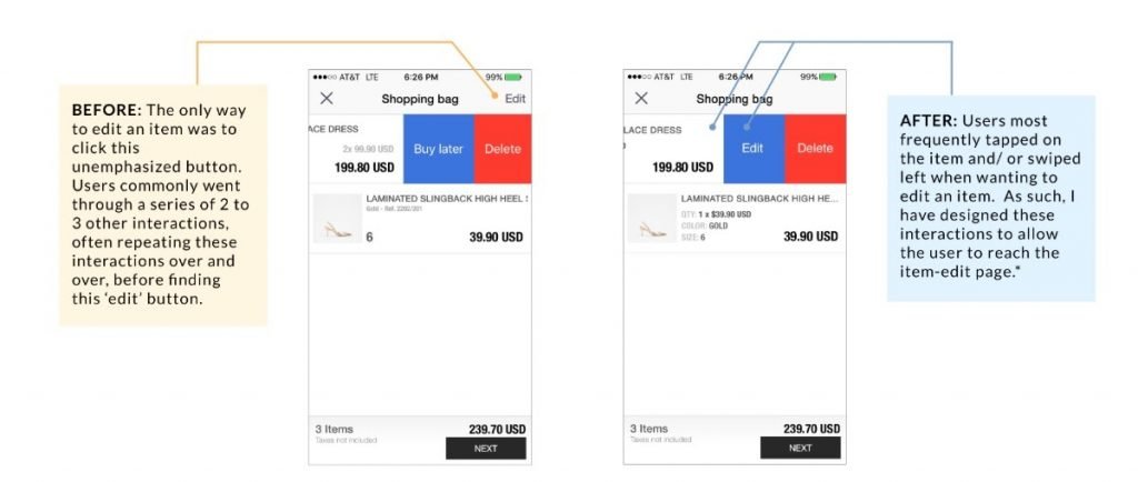 screenshot of the results from the usability test on an ecommerce app